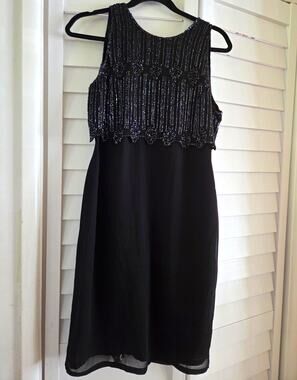 JMD New York Women’s Petites PL Black Chiffon Shift Dress Beaded Lined Zip